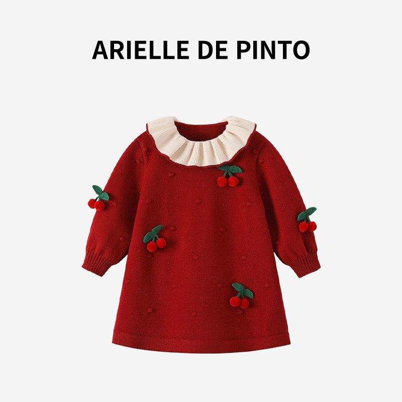 French Arielle De Pinto Girls Dress Winter Korean Style One-Year-Old Dress Princess Dress Birthday Dress Red 120
