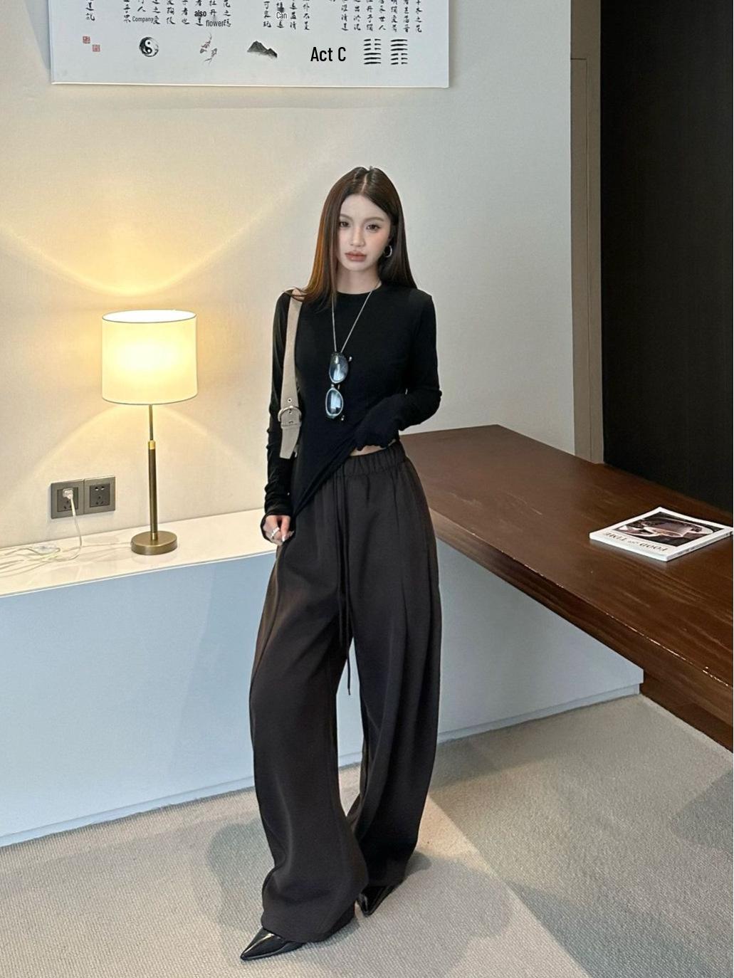 

Lu Sheng Unisex Elastic Drawstring Wide-Leg Sweatpants: High-End, Solid Color, Curved Leg, Casual, Floor-Length Design XXL