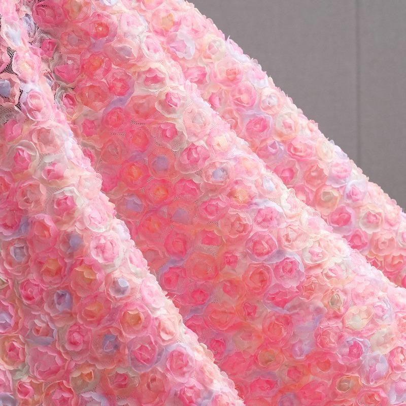 Encrypted Seven-Color Embroidered Silk Georgette Fabric Hollow Out Rose Peony Flower Wedding Dress Mesh Embroidery Material