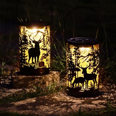 Ferro forjado cervos lâmpada solar gravura oco lâmpada decoração do jardim lâmpada de projeção pendurado decoração da lâmpada