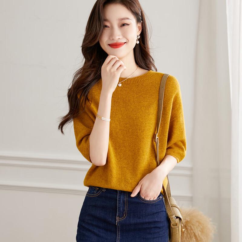 Women's 100% Merino Wool Round Neck Half-Sleeve Sweater