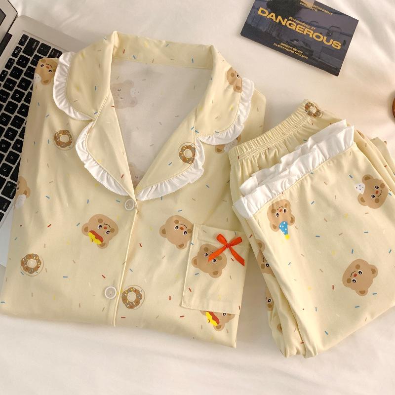 Butter Bear Print Imitation Cotton Long-Sleeved Pajamas Women'S Spring And Autumn Sweet Wind Casual Loungewear Set Real Shot