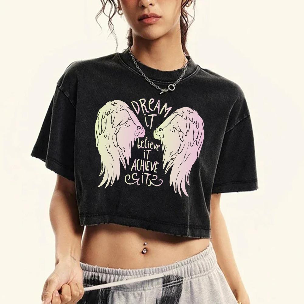 Dream It Believe It Colored Wings Print Washed T-Shirt Women Summer Soft Tee Shirts Fashion Short Sleeve Y2K Cotton Top