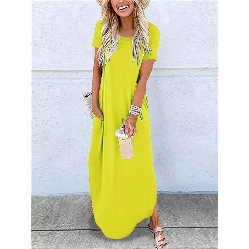 Women Short Sleeve Long Dress With Pockets Casual Oversized Round Neck Beach Dress Female Split Loose Fit Summer Dress Vestidos