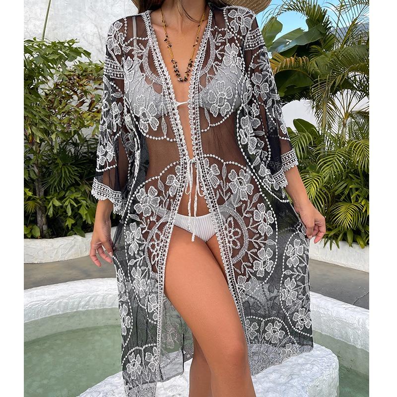 Women's Summer Lace Embroidery Long Cardigan See Through Bikini Outer Beach Cover-ups