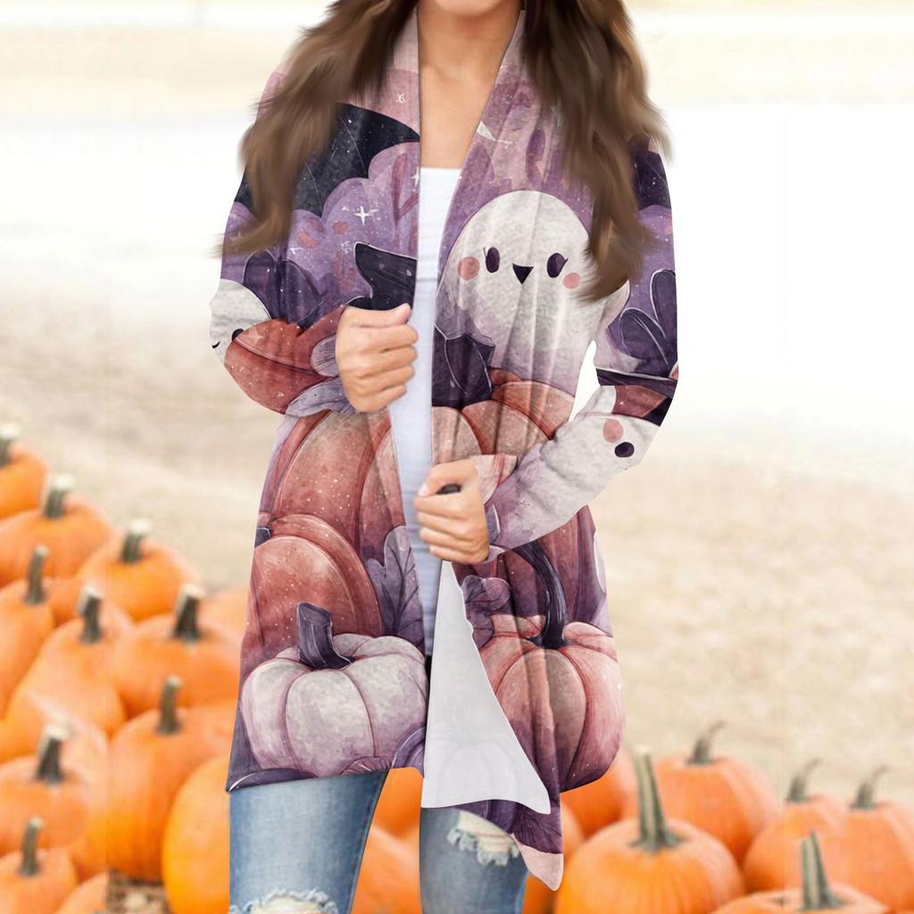 Women's Fashion Casual Halloween Printed Mid-Length Irregular Hem Cardigan Jacket