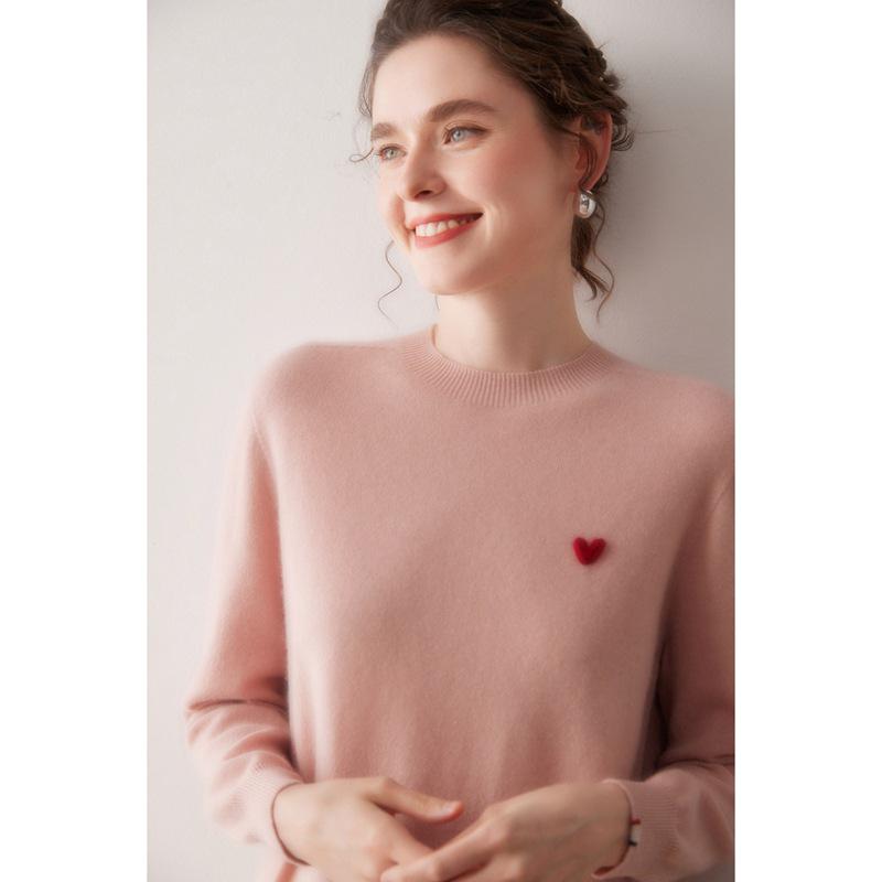 Women's 2025 Round Neck Embroidered Heart Cashmere Sweater - Gentle, Fashionable & Versatile