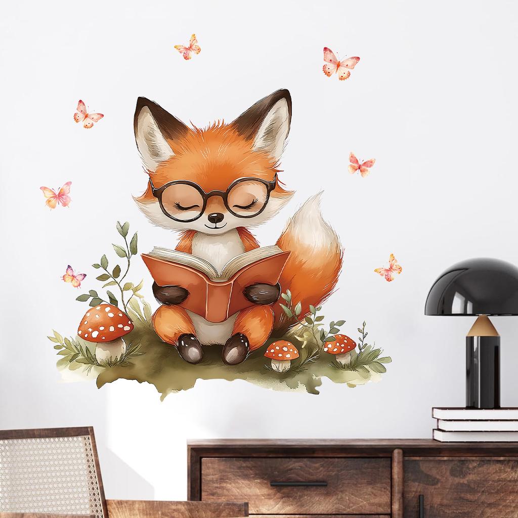 1PCS Cartoon Fox Reading Children's Room Kindergarten Wall Beautification Wall Stickers Self-adhesive PVC Material