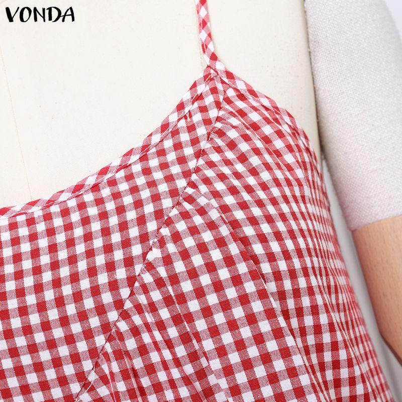 VONDA Summer Women Sleeveless Strap Plaid Print Casual Long Dress Sundress