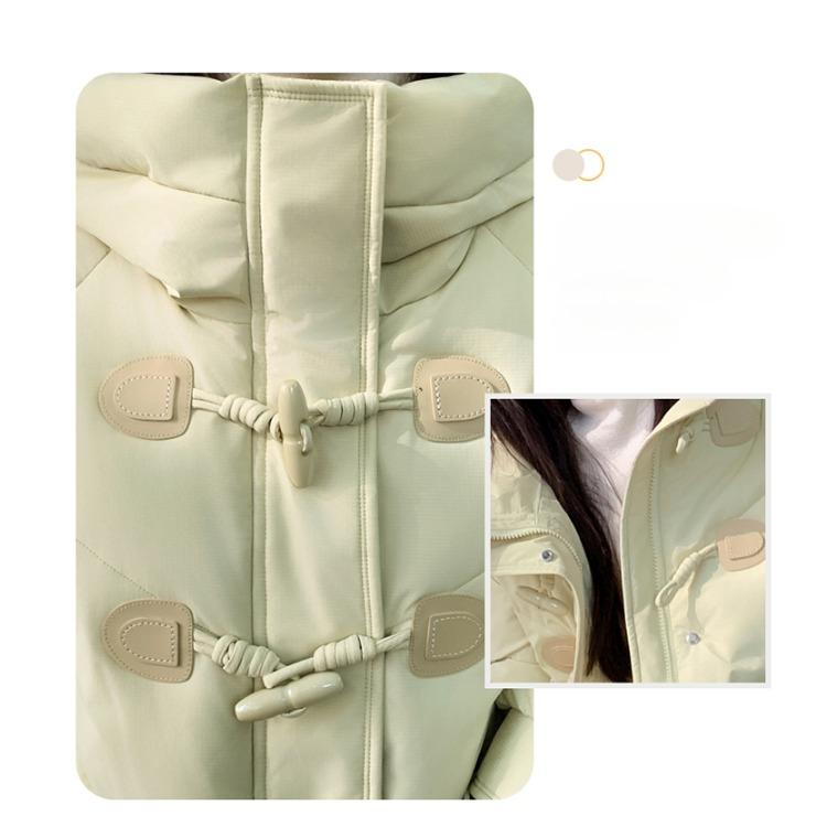 Thickened Korean Bread Coat with Pockets; Fashionable Green Feather Cotton Coat with Hood and Long Design for Winter