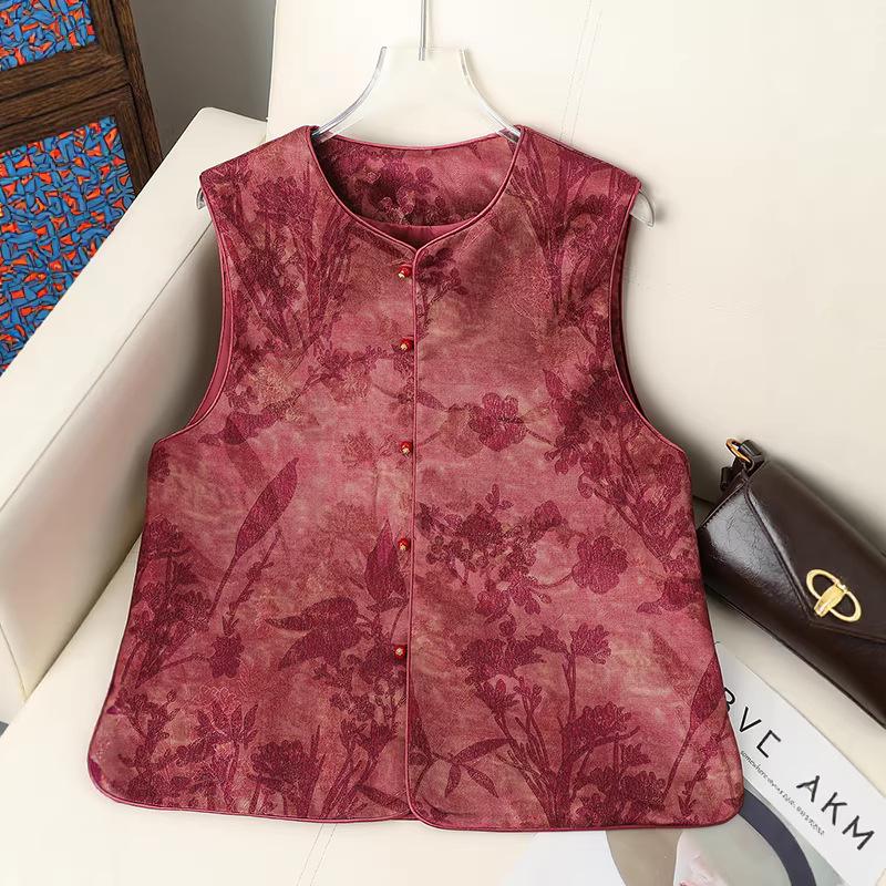 Chinese National Style Jacquard Vest for Women - 2026 Spring/Autumn Retro Sleeveless Top with Frog Button.