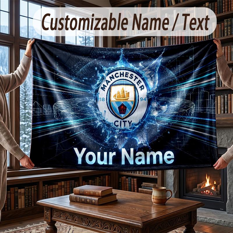 Custom Name Flannel Throw Blanket Manchester City Pattern Warm Home Decoration