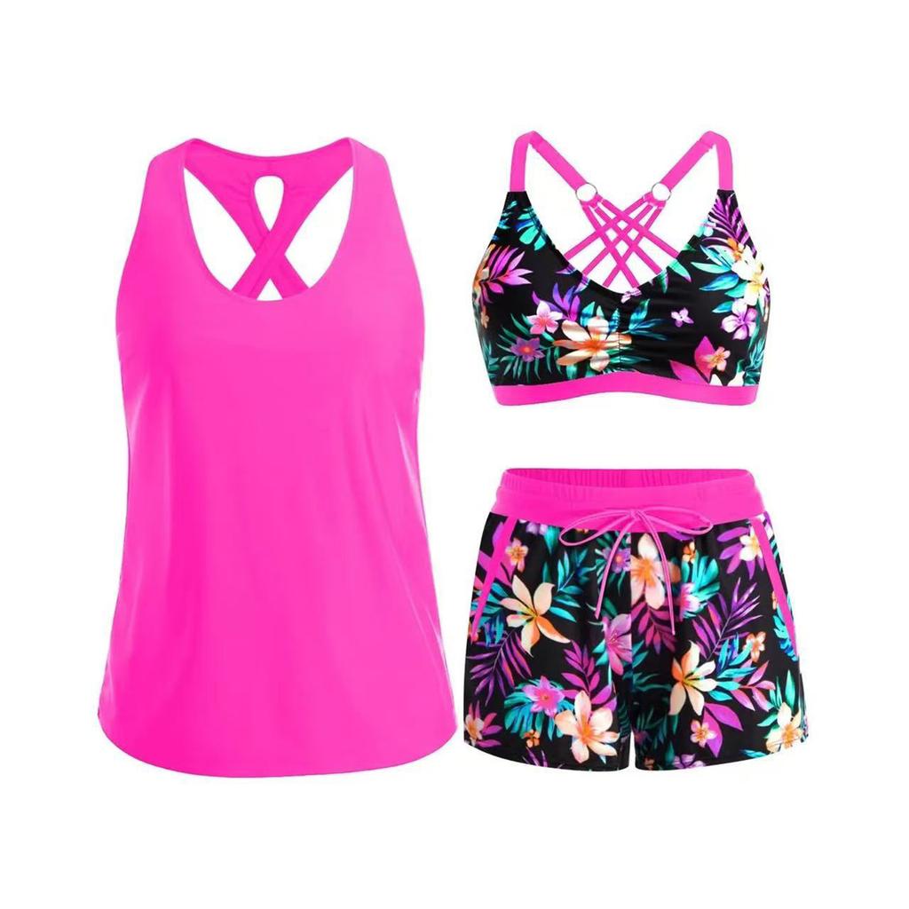 Women’s Three Piece Tankini Swimsuit Set with Crisscross Back Design High Waist Printed Shorts and Swim Top for Beach Pool