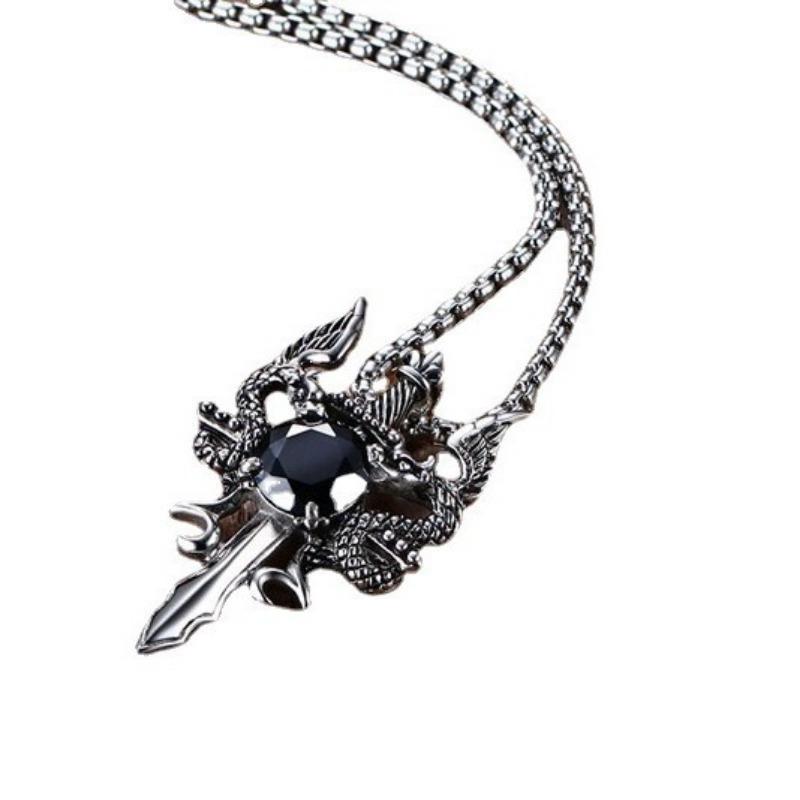 European and American Jewelry Creative Double Dragon Sword Black Gem Pendant Necklace Retro Necklace Men