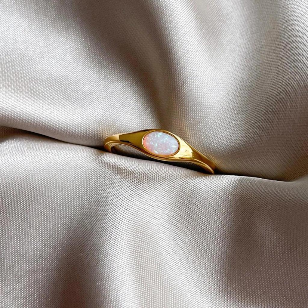 Oval Opal Signet Ring – Minimalist Gold Plated Dainty Ring, Modern Boho Jewelry, Everyday Gift for Women