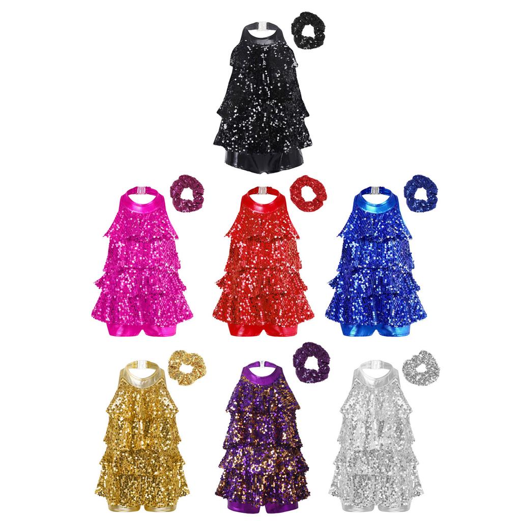 Shiny Sequins Halter Leotard for Girls: Backless Design with Hair Tie Headwear for Modern Jazz Latin Dance Costume