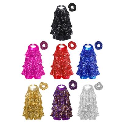 Shiny Sequins Halter Leotard for Girls: Backless Design with Hair Tie Headwear for Modern Jazz Latin Dance Costume