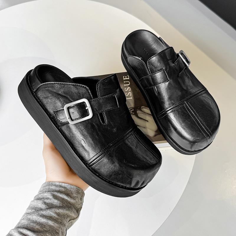 Big Head Premium Black Boken Shoes Heightened Platform Outer Wear One Pedal Retro Trendy Slippers 80521-J