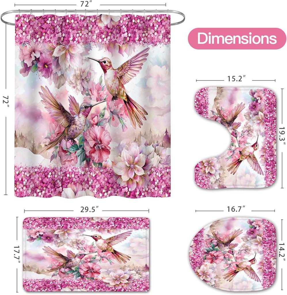 4-teiliges Badezimmer-Duschvorhang-Set Kolibri Blume Badezimmervorhang mit 12 Haken Rutschfeste Teppiche Toilettendeckelmatte Badezimmer-Trennwand