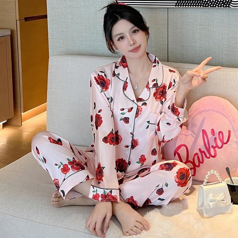 Autumn Ice Silk Pajamas Women'S Suit Light Luxury High-End Long-Sleeved Trousers Loungewear Can Be Worn Outside