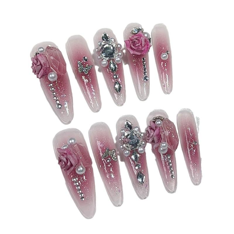 Long Press-On Nails With Floral Design Ice-Transparent Blush Effect Sweet Pure Temptation Style Removable Nail Tips