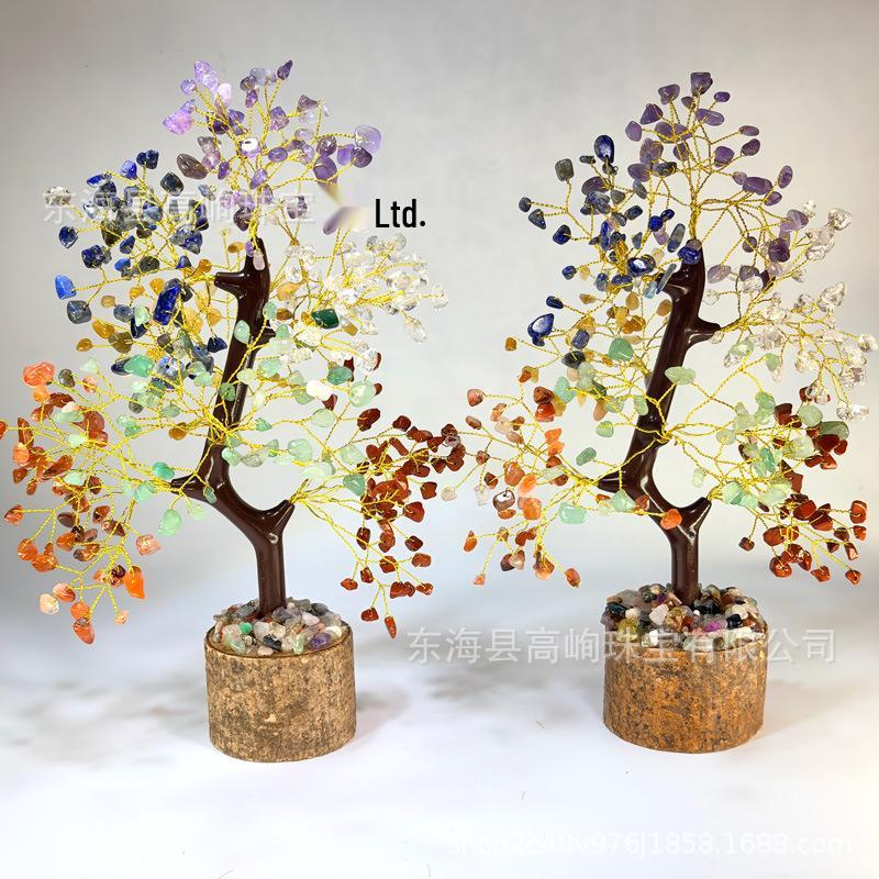 Natural Crystal Tree Ornament: Multi-Color Stone Money Tree with Solid Wood Base