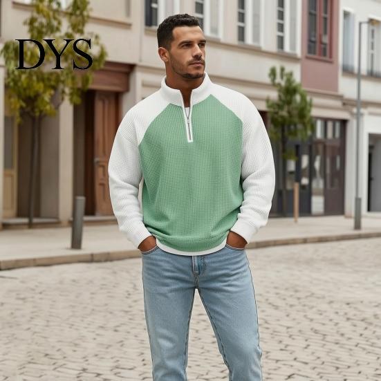 Breathable Outdoor Activewear Men Waffle Sweatshirt, Long Sleeve Quarter Zip Contrasting Color Mens Sweatshirt Casual Stand Collar Pullover Shirt for