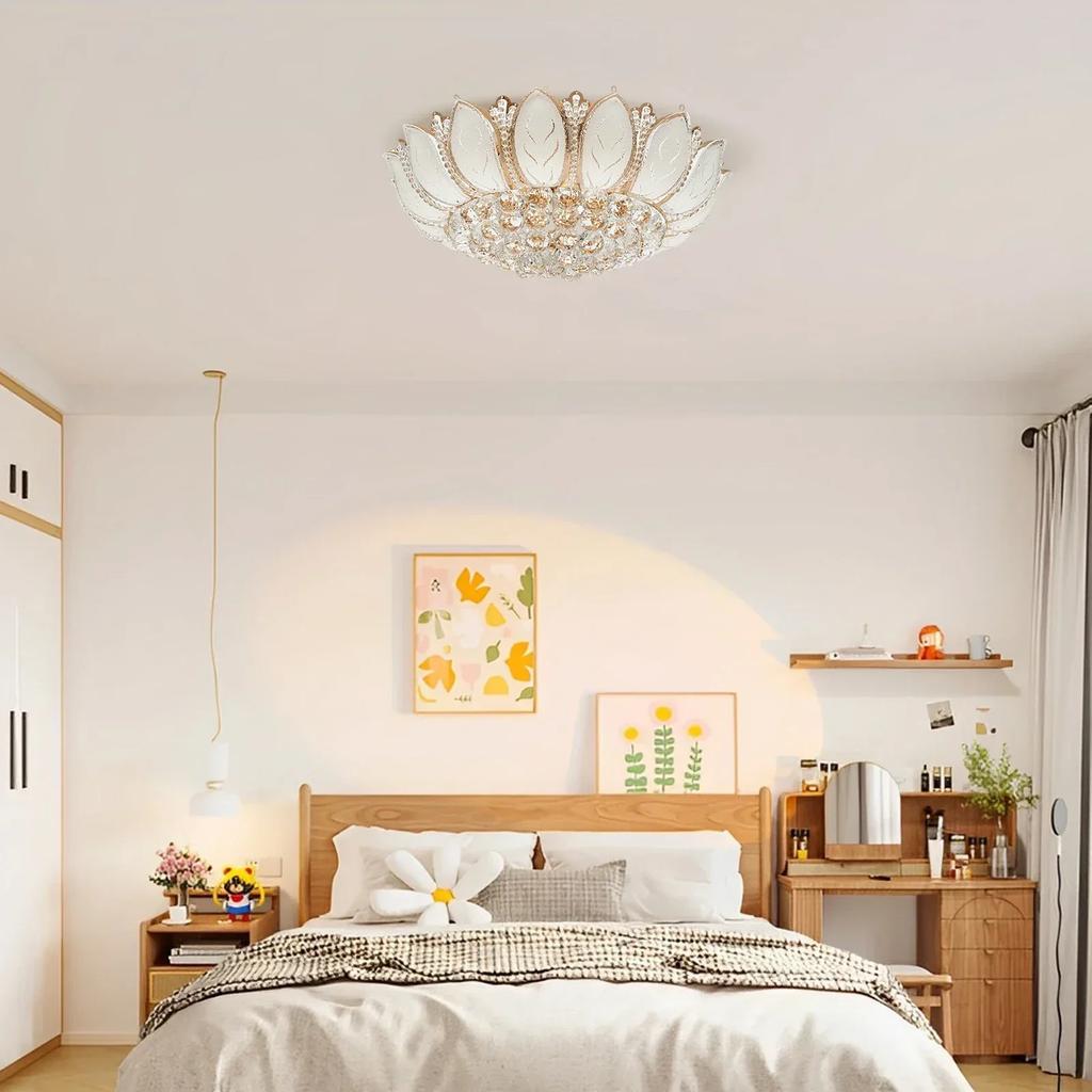 23.5Inch Flower Shaped Crystal Chandelier, E12 110V Gold Crystal Ceiling Lamp Modern Chandelier Hanging Lamp Flush Mount