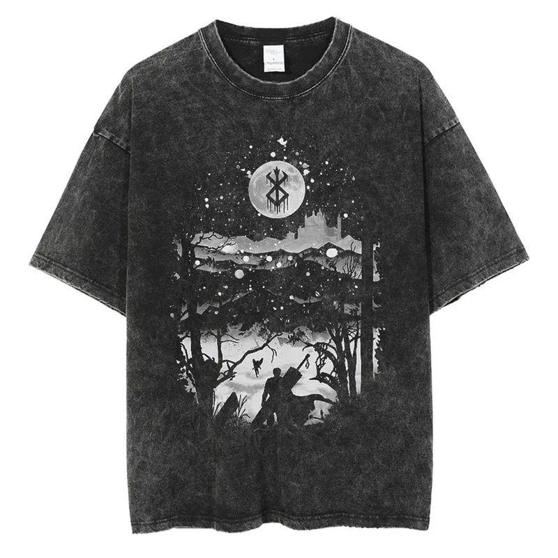 Berserk Print T Shirt Men Women Vintage Washed T-Shirt Anime Guts Graphic Tshirt Streetwear Tees Summer Casual Berserk Clothes