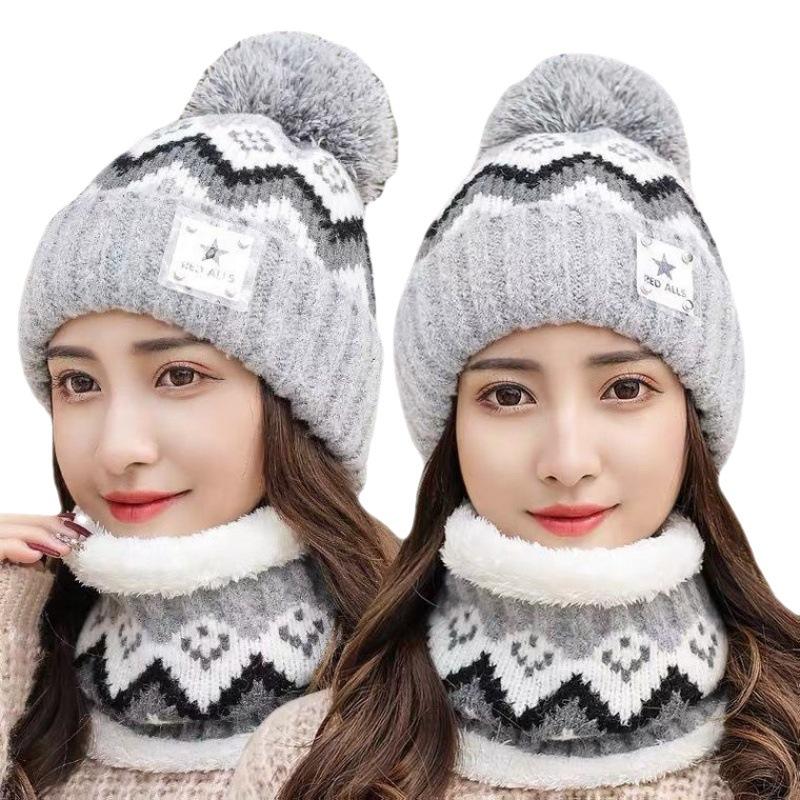 Hat Women's Autumn and Winter Casual Ear Protector Wool Hat Thickened Plush Warm Hairball Student Cycling Knitted Hat