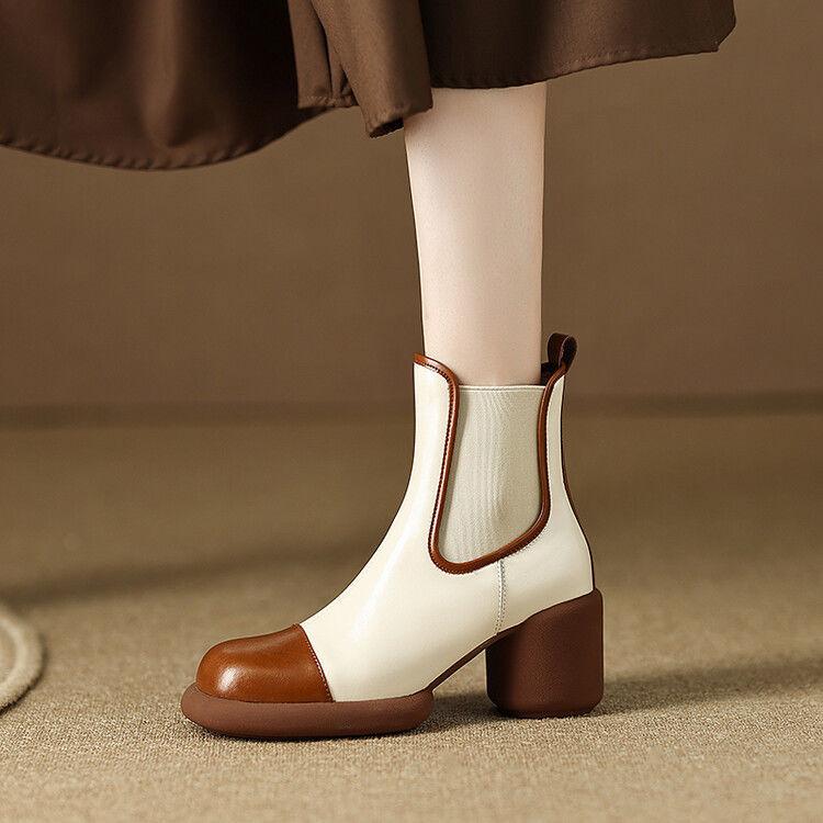

2025 autumn new leather round head waterproof table high heel Martin boots women s Chelsea boots thick heel versatile short boots 40