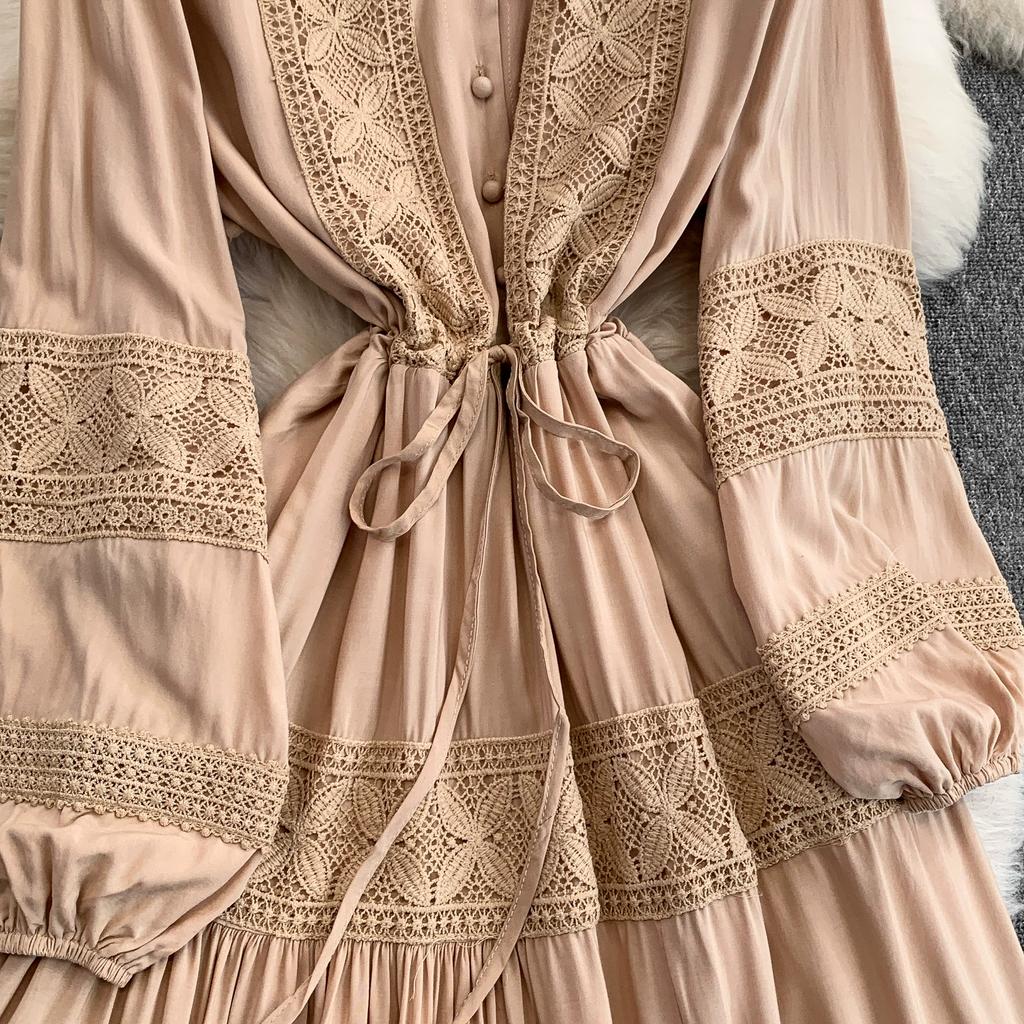 Lace Patchwork Round Neck Long Sleeved Dress for Women In Spring  Autumn Buttoned Drawstring Waist Cinching Slimming Cake Women Dress