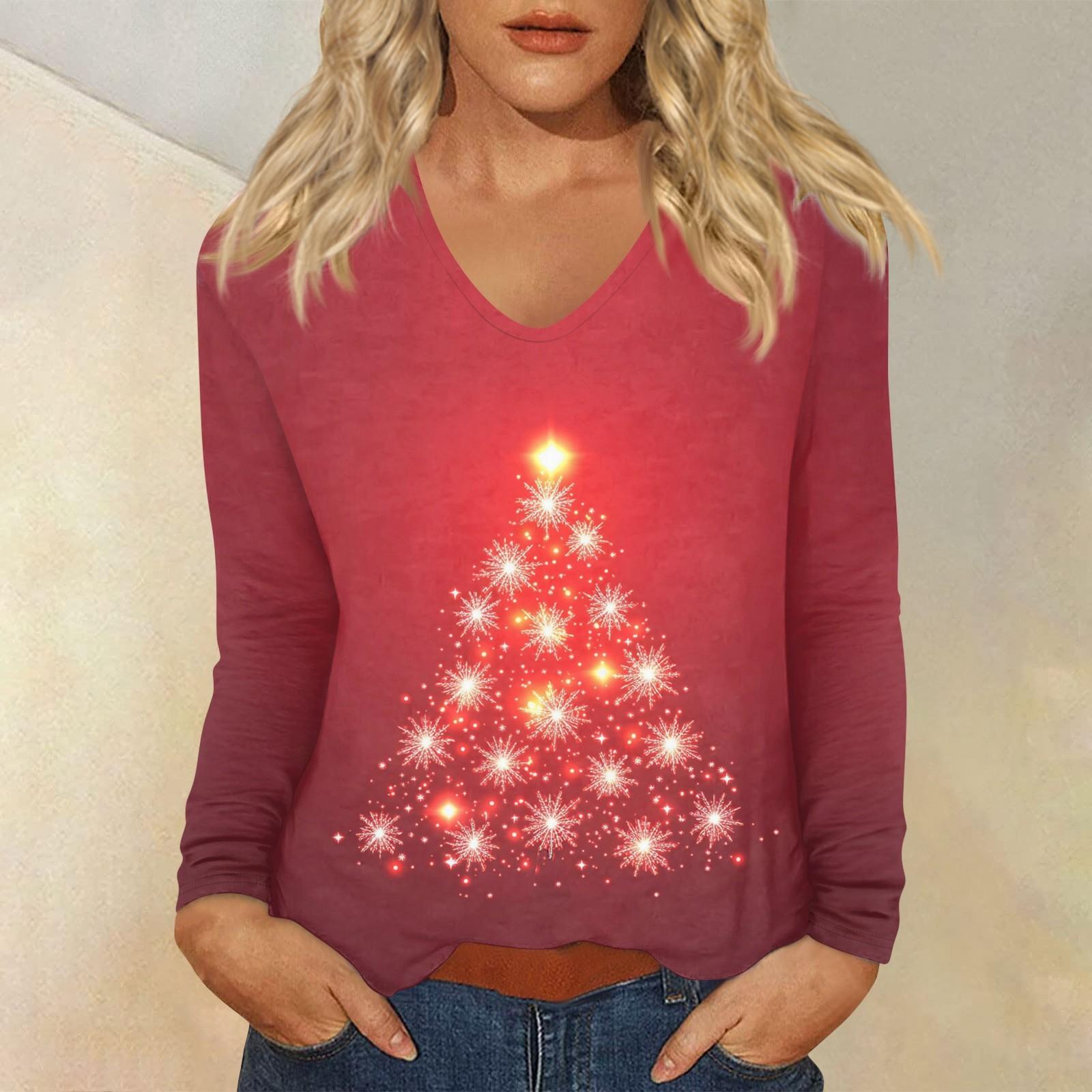 

Женская повседневная мода рождественский графический принт повседневный принт длинный рукав V-образный вырез пуловер топ блузка S красный