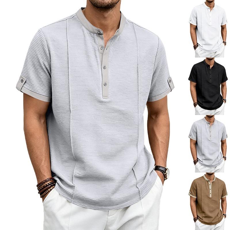Mens American Retro Textured Henley Short Sleeve Casual Loose Vacation Commuter T Shirt