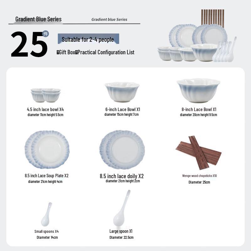 WA Gradient Blue Ceramic Dinnerware Set (25-Piece, 4-Person)