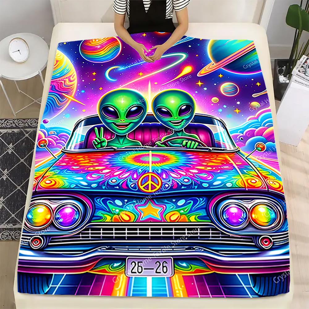 Alien Space Car Flannel Blanket Home Sofa Lunch Break Blankets Children Student Blankets Nap Cover Kid Camping Bed Couch Office