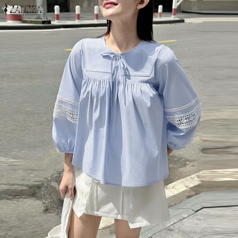 ZANZEA Women Casual Round Neck Loose 3/4 Sleeve Stripe Blouse