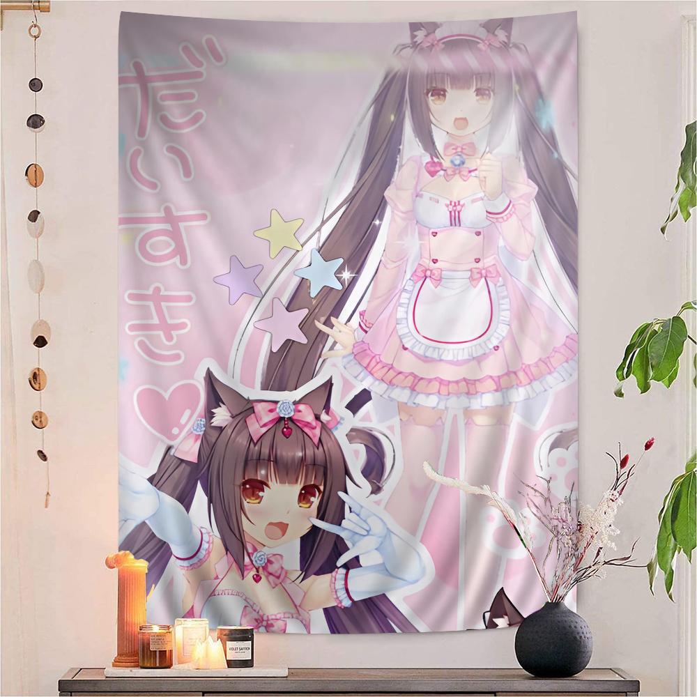 Anime Nekopara Movie Sticky DIY Wall Tapestry Hippie Flower Wall Carpets Dorm Decor Wall Art for Bedroom Living Room Design