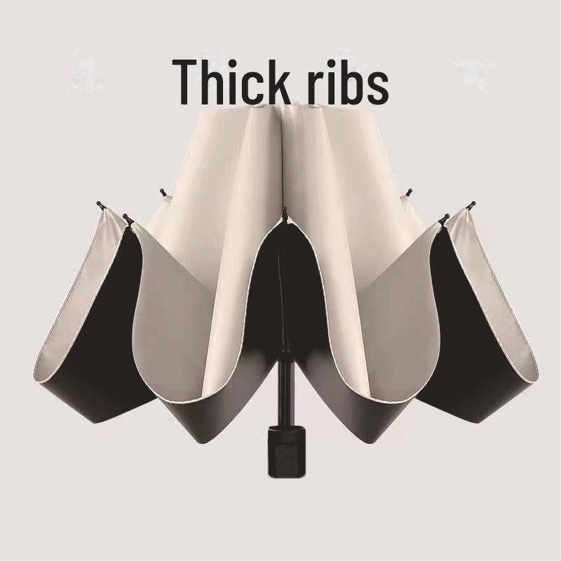 Black 16-Bone Automatic Three-Fold Dual-Purpose Umbrella for Sunny and Rainy Days - Large, Reinforced, Anti-Storm Design.