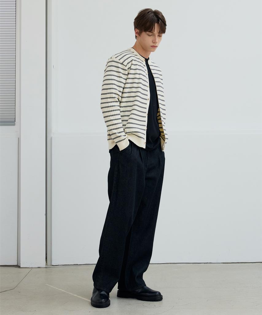Nodu Block Stripe Round Knit Cardigan [Ivory]