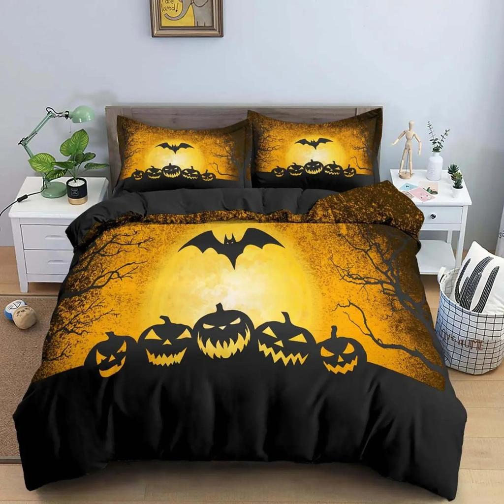 Halloween-Bettwäsche-Set mit 3D-Druck, Fledermaus-Schädel-Kürbis-Motiv, weichem Bettbezug (Kingsize, Queensize, Einzelbettgröße), Halloween-Geschenk, Schlafzimmerdekoration