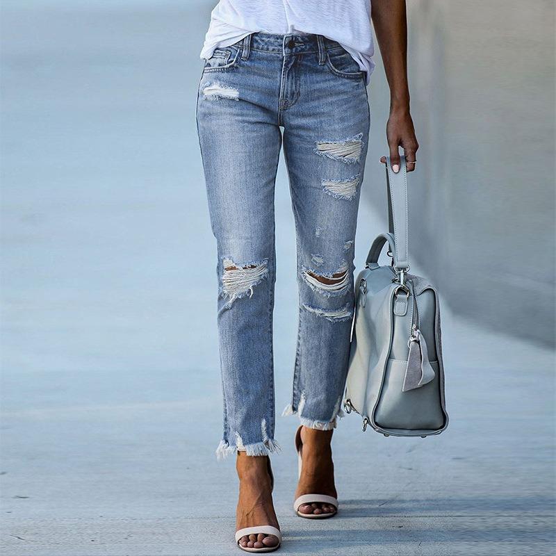 New Washed Ripped Fringed Women's Jeans Slim-fitting Elastic Pants