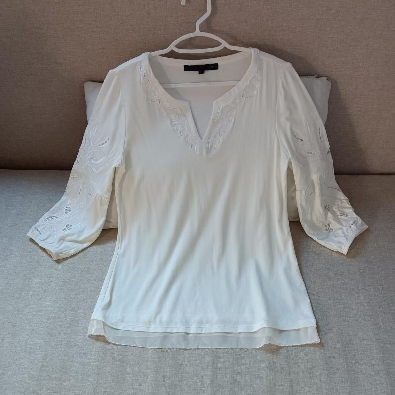 

Модная вязаная хлопковая футболка с полыми узорами и кружевными рукавами 3/4 White XXS