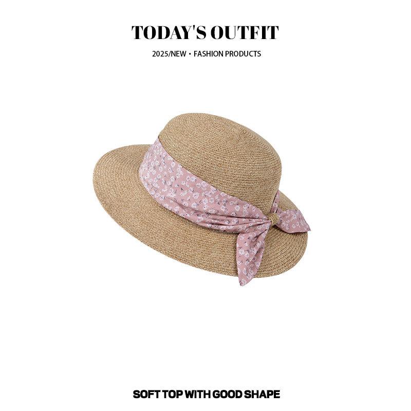 Protection Solaire Été Chapeau de Soleil Vacances à la Plage Chapeau de Soleil Paille Fine Paille Cryptée Chapeau Style Pastoral Petit Chapeau Haut de Forme Floral Femmes beige