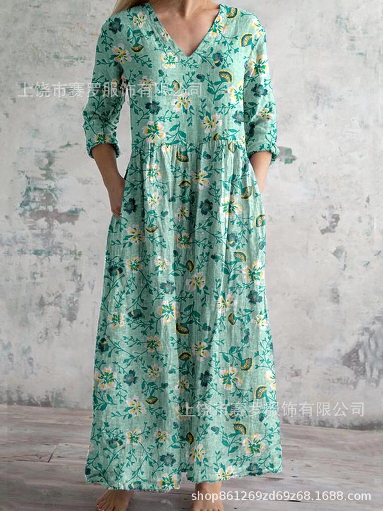 Damen Langarm V-Ausschnitt Maxi Kleid mit Streifenmuster, Knöchellanges Fließendes Kleid, Lässig Elegantes Kleid