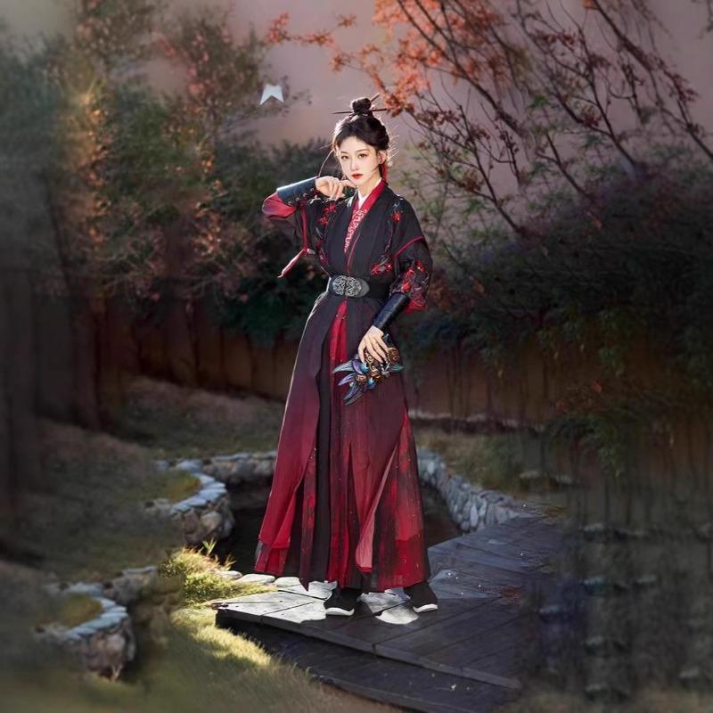Hanfu 2 novo primavera e verão masculino e feminino cavaleiro diário bonito roupa antiga em terno vermelho e preto