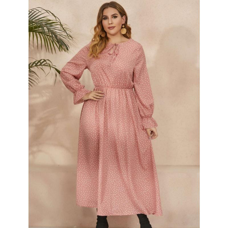

Винтажные платья с длинными рукавами, платье больших размеров с круглым вырезом для женщин, модное платье большого размера в горошек, элегантное обтягивающее платье, модные макси-платья 2XL розовый