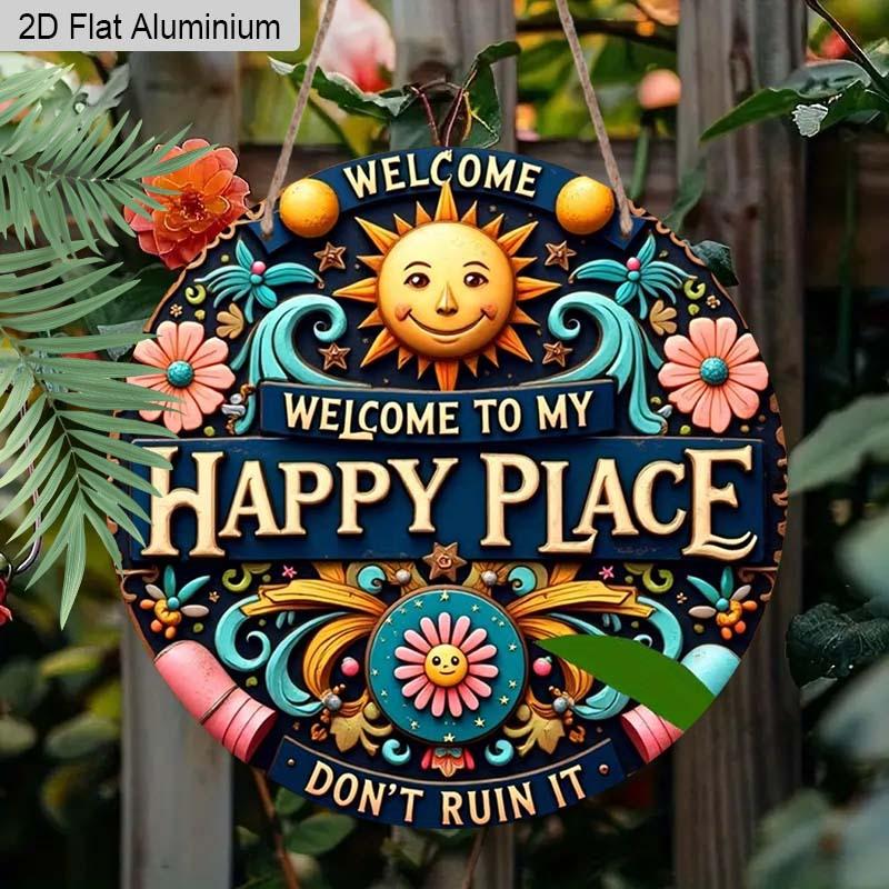 2D Flat 1pc Welcome Aluminum Hanging Plaque, Colorful Sun and Floral Welcome Signs, Porch Decor, Patio Decor, Whimsical Home Entrance Decor