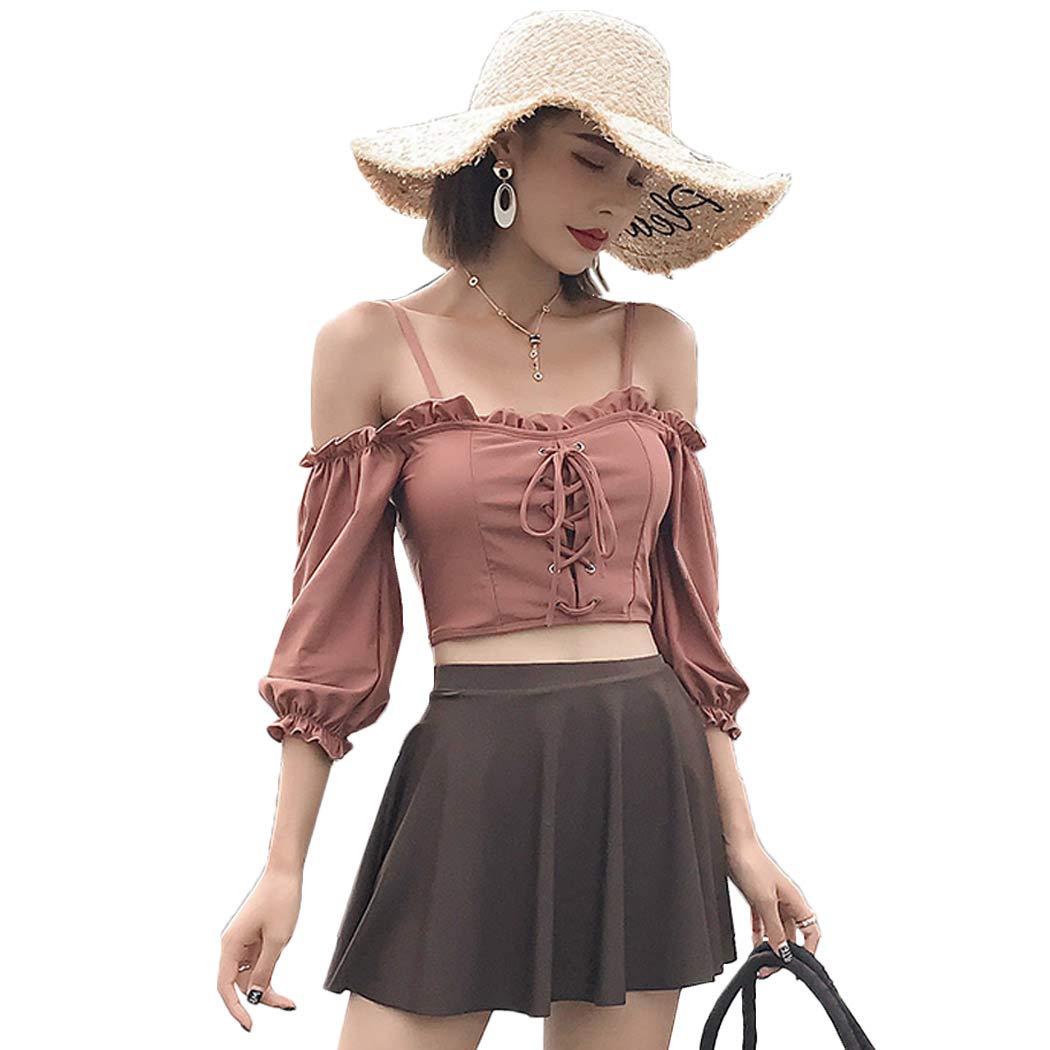 

hys2198 3L [Тедди] Женский купальник, С открытыми плечами, С оборками, Бикини на шнуровке, Юбка, Шорты, Набор из 3 предметов, (Бордо, (размер 13))