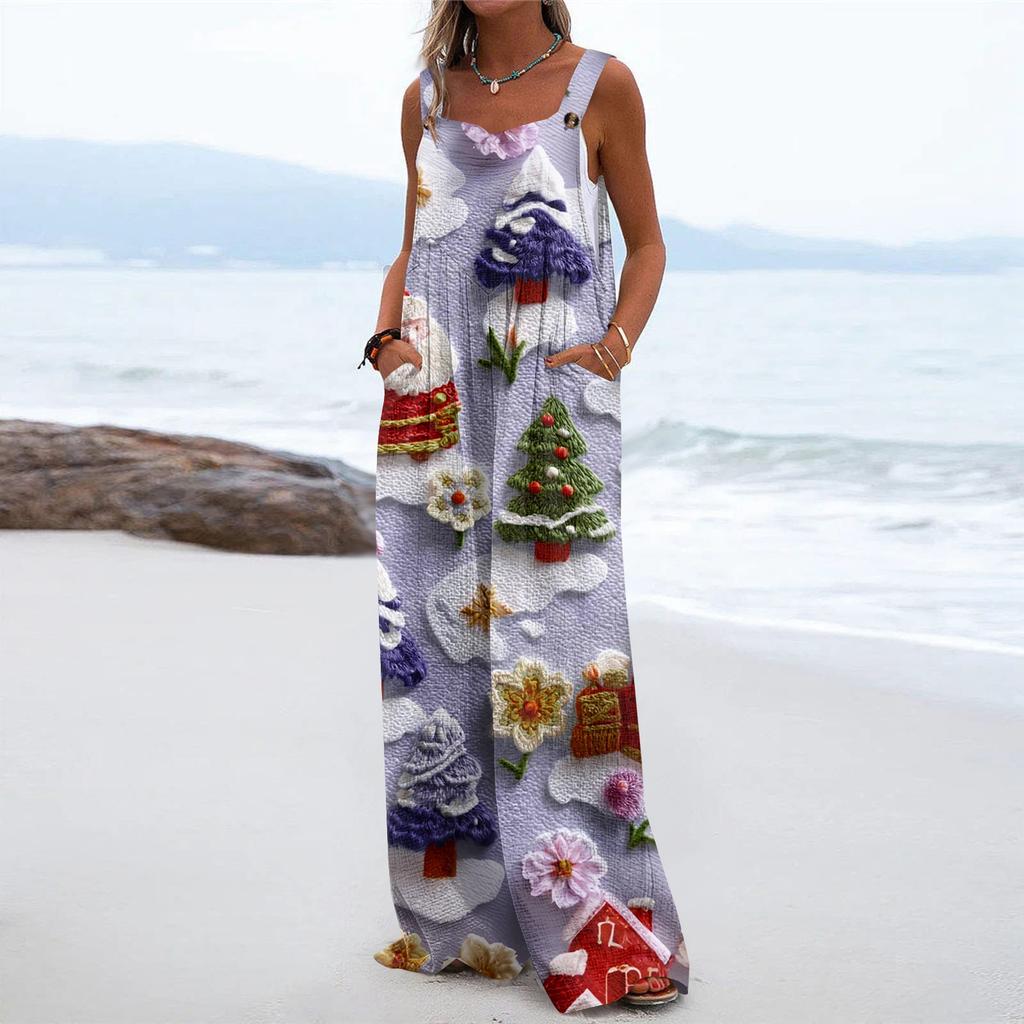 Women's Christmas Print Solid Wide Leg Strapless Tank Pocket Casual Onesie